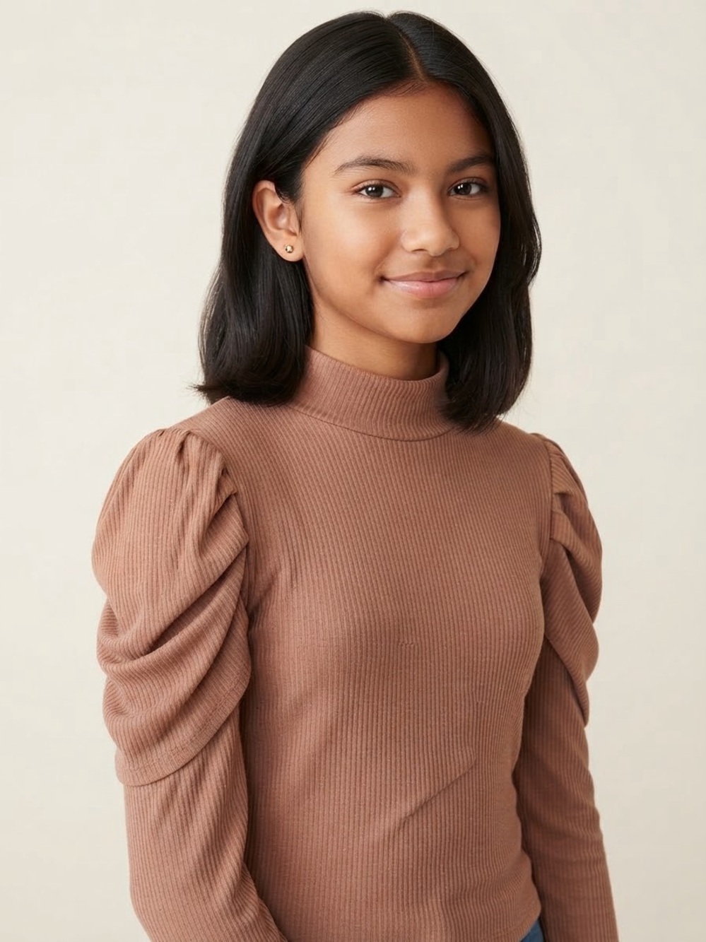 Girl’s Ribbed Puff-Sleeve Turtleneck Top - Brown NWOT